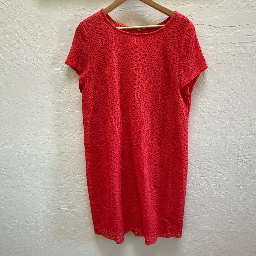 Chico's Lace Dress Size 3 US X-Large Coral Orange  Eyelet Cutout Overlay Lined